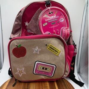 Locker Club 4pc Backpack Set Pink Gold Glitter Lunch Bag Pencil Case Headphones